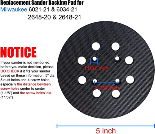 Standard 5" Hook and Loop Replacement Sander Pad for Milwaukee 2648-20 & 2648-21 Random Orbit Sanders