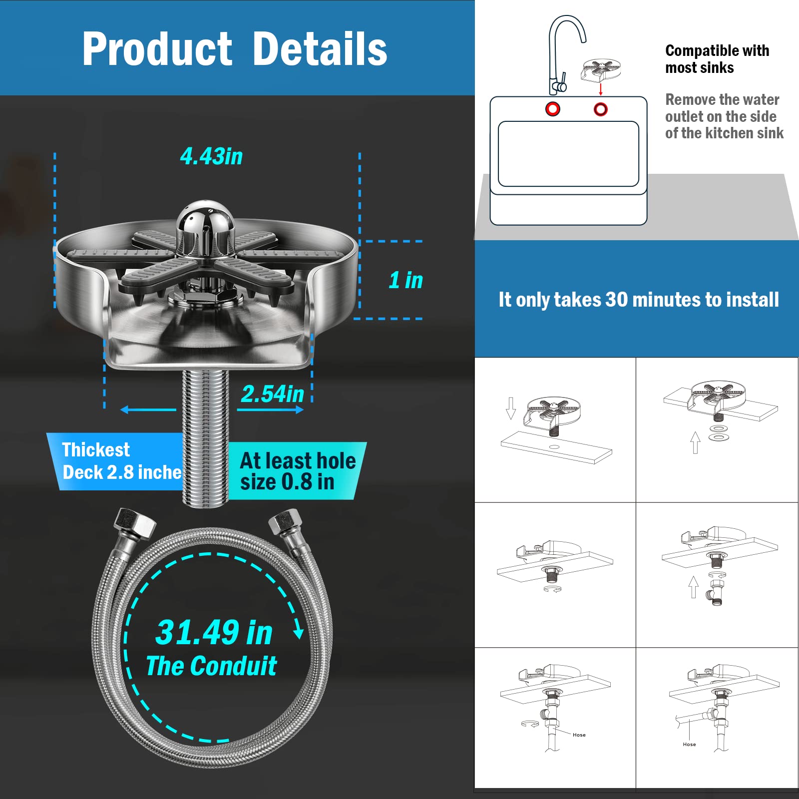 INKULEER latest design， Metal Glass rinser for kitchen sink, Glass rinser, Kitchen gadgets, Bottle washer, 18/8Stainless steel, Cup washer sink, The water column rotates 360°(Brushed)