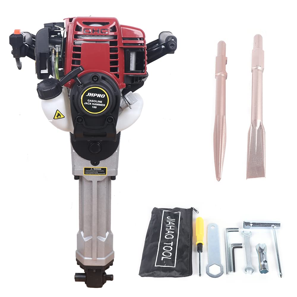 Commercial 4 Stroke Demolition Jackhammer Multifunctional Gasoline Hammer Demolition Jack Hammer Engine Gas Powered Concrete Breaker 2x Chisel (Red)