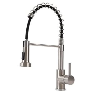 allkorma kitchen faucet with pull down sprayer, commercial spring faucet for sink, brushed nickel, sus 304 stainless steel, single handle, 17.6"