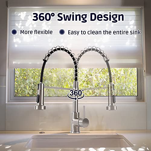 Allkorma Kitchen Faucet with Pull Down Sprayer, Commercial Spring Faucet for Sink, Brushed Nickel, SUS 304 Stainless Steel, Single Handle, 17.6"