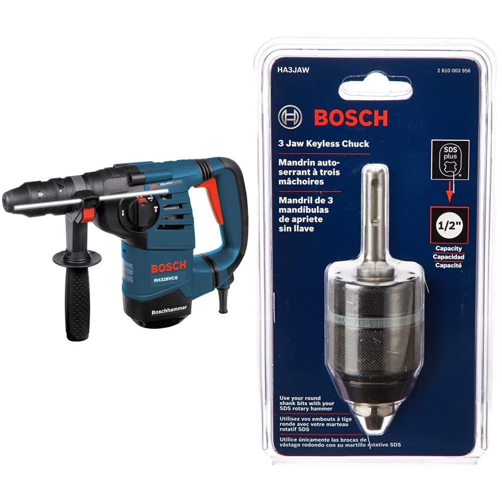 BOSCH RH328VCQ 1-1/8-Inch SDS Rotary Hammer Kit&BOSCH 3-Jaw Keyless Chuck with SDS-Plus Shank, 1/2-Inch HA3JAW