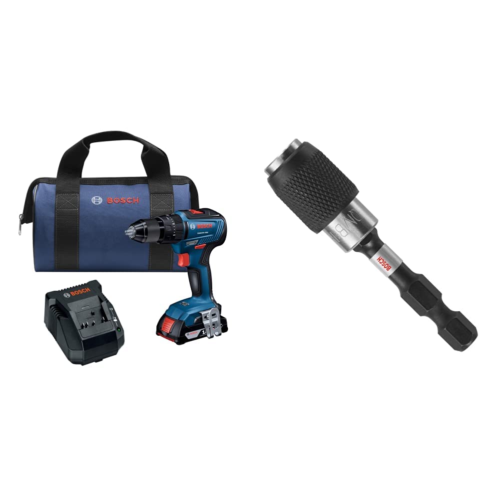 BOSCH GSB18V-490B12 18V EC Brushless 1/2 In. Hammer Drill/Driver Kit with (1) 2.0 Ah SlimPack Battery&BOSCH ITBHQC201 2 1/4", Impact Tough Quick Change Bit Holder