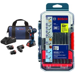 bosch gsr18v-535fcb15 18v ec brushless connected-ready flexiclick 5-in-1 drill/driver system with (1) core18v 4.0 ah compact battery & bosch t30c t-shank multi-purpose jigsaw blades, 30 piece