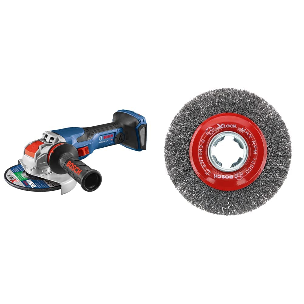 Bosch PROFACTOR 18V SPITFIRE GWX18V-13CN Cordless X-LOCK 5-6 In. Angle Grinder, Battery Not Included&Bosch WBX418 4-1/2 In. Wheel Dia. X-LOCK Arbor Tempered Steel Crimped Wire Wheel