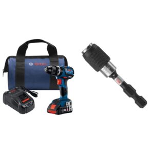 bosch gsb18v-535cb15 18v ec brushless connected-ready compact tough 1/2 in. hammer drill/driver with (1) core18v 4.0 ah compact battery&bosch itbhqc201 2 1/4", impact tough quick change bit holder