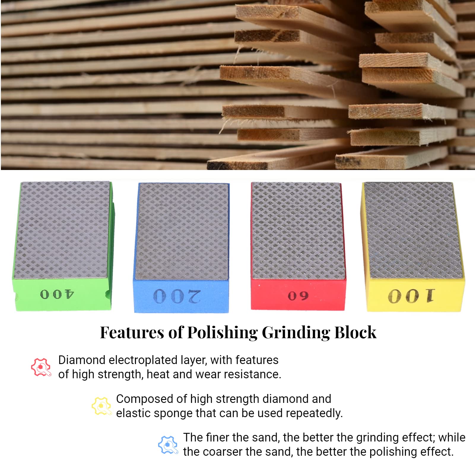 4Pcs Diamond Hand Polishing Pads, 60 120 200 400 Grit Diamond Sanding Blocks, Reusable Foam Sanding Blocks, for Tile Stone Trimming Deburring Marble Concrete Granite Ceramics Glass Wet Dry