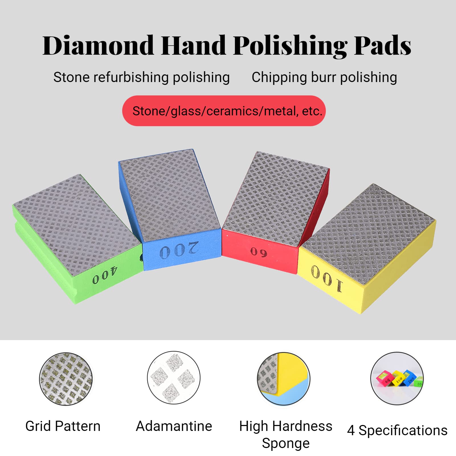 4Pcs Diamond Hand Polishing Pads, 60 120 200 400 Grit Diamond Sanding Blocks, Reusable Foam Sanding Blocks, for Tile Stone Trimming Deburring Marble Concrete Granite Ceramics Glass Wet Dry