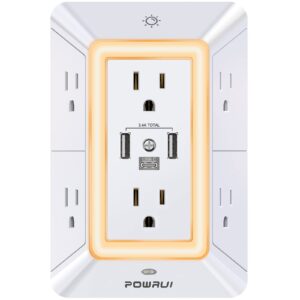 multi plug outlet surge protector - powrui 6 outlet extender with 3 usb ports (1 usb c) and night light, 3-sided power strip with adapter spaced outlets - white，etl listed