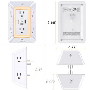 Multi Plug Outlet Surge Protector - POWRUI 6 Outlet Extender with 3 USB Ports (1 USB C) and Night Light, 3-Sided Power Strip with Adapter Spaced Outlets - White，ETL Listed