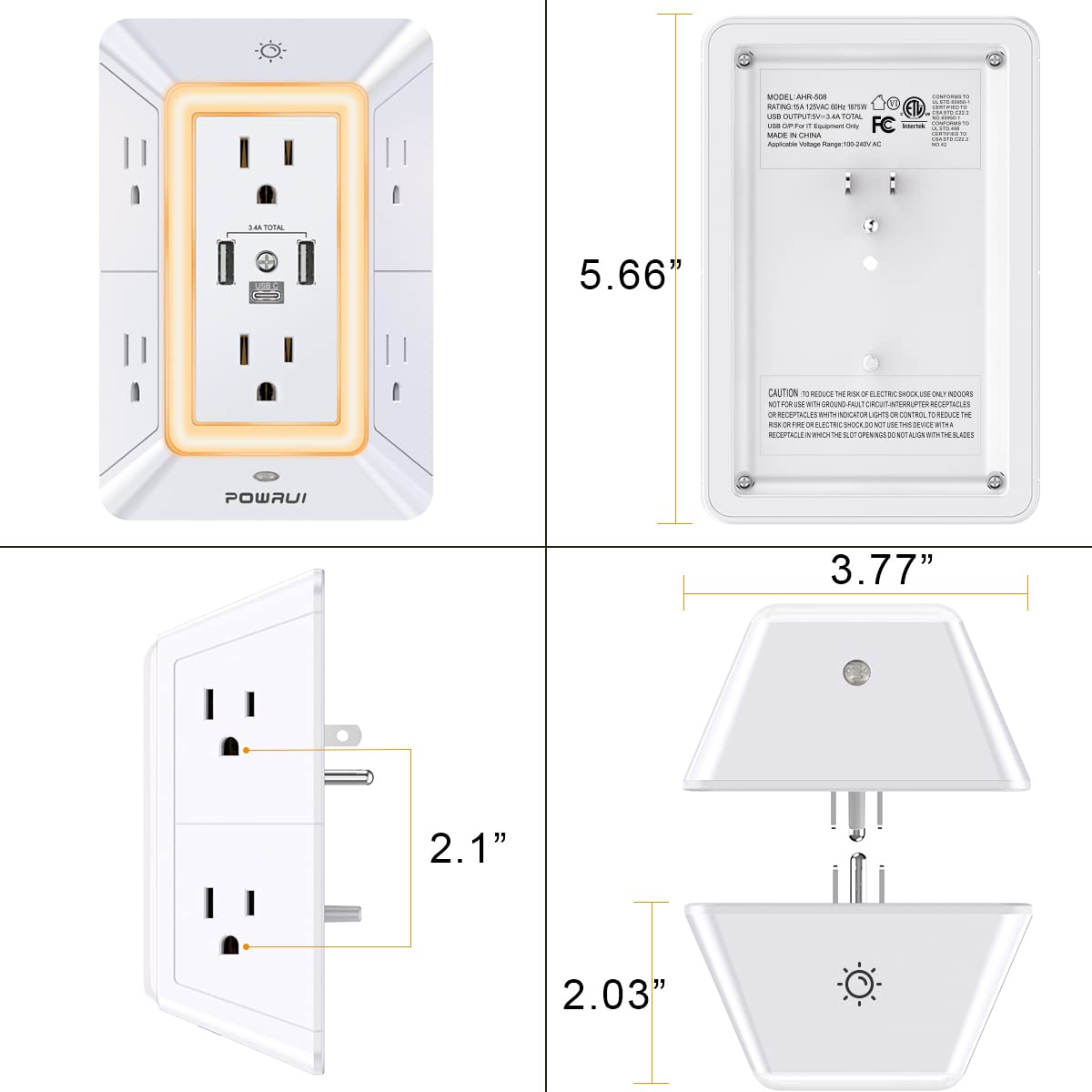 Multi Plug Outlet Surge Protector - POWRUI 6 Outlet Extender with 3 USB Ports (1 USB C) and Night Light, 3-Sided Power Strip with Adapter Spaced Outlets - White，ETL Listed