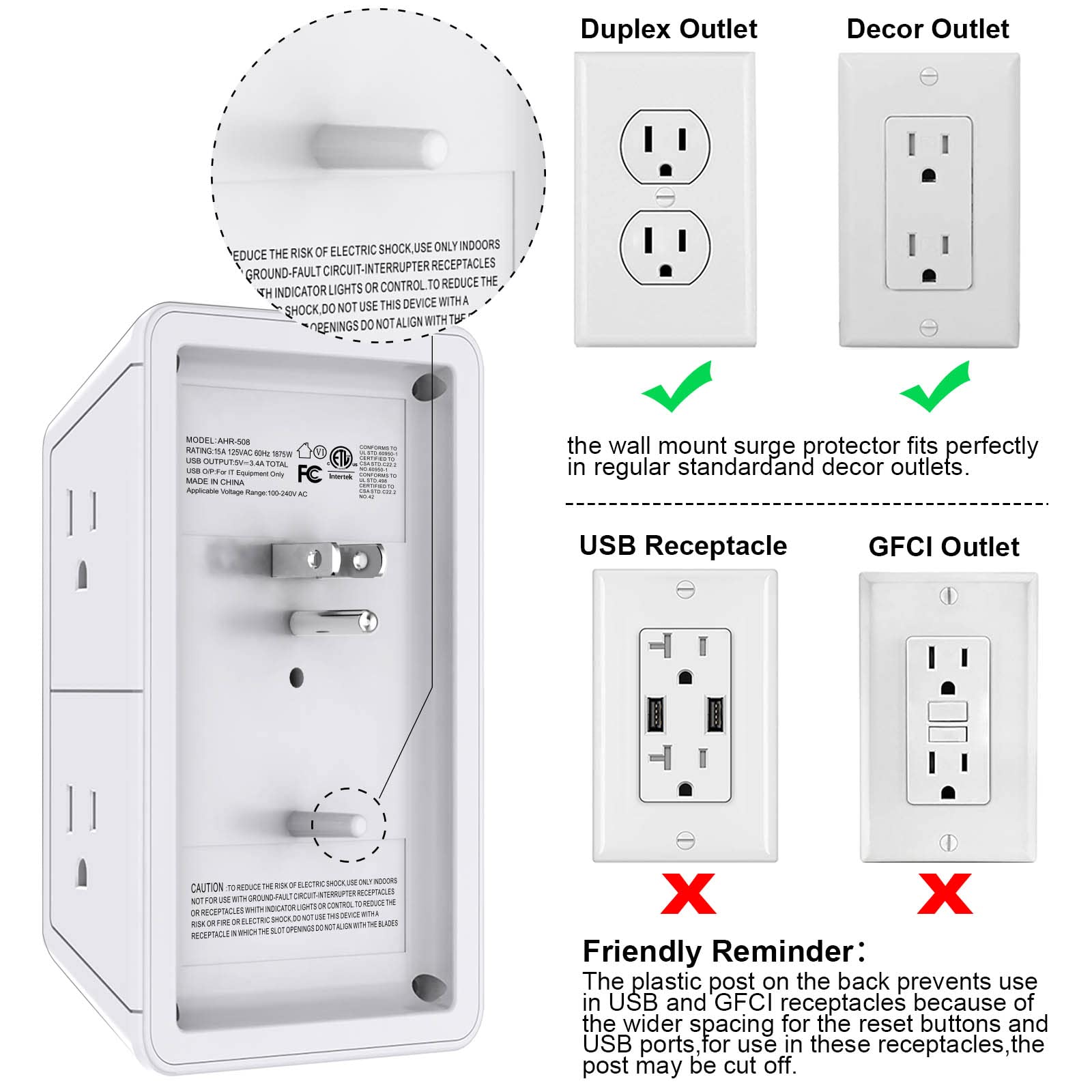 Multi Plug Outlet Surge Protector - POWRUI 6 Outlet Extender with 3 USB Ports (1 USB C) and Night Light, 3-Sided Power Strip with Adapter Spaced Outlets - White，ETL Listed