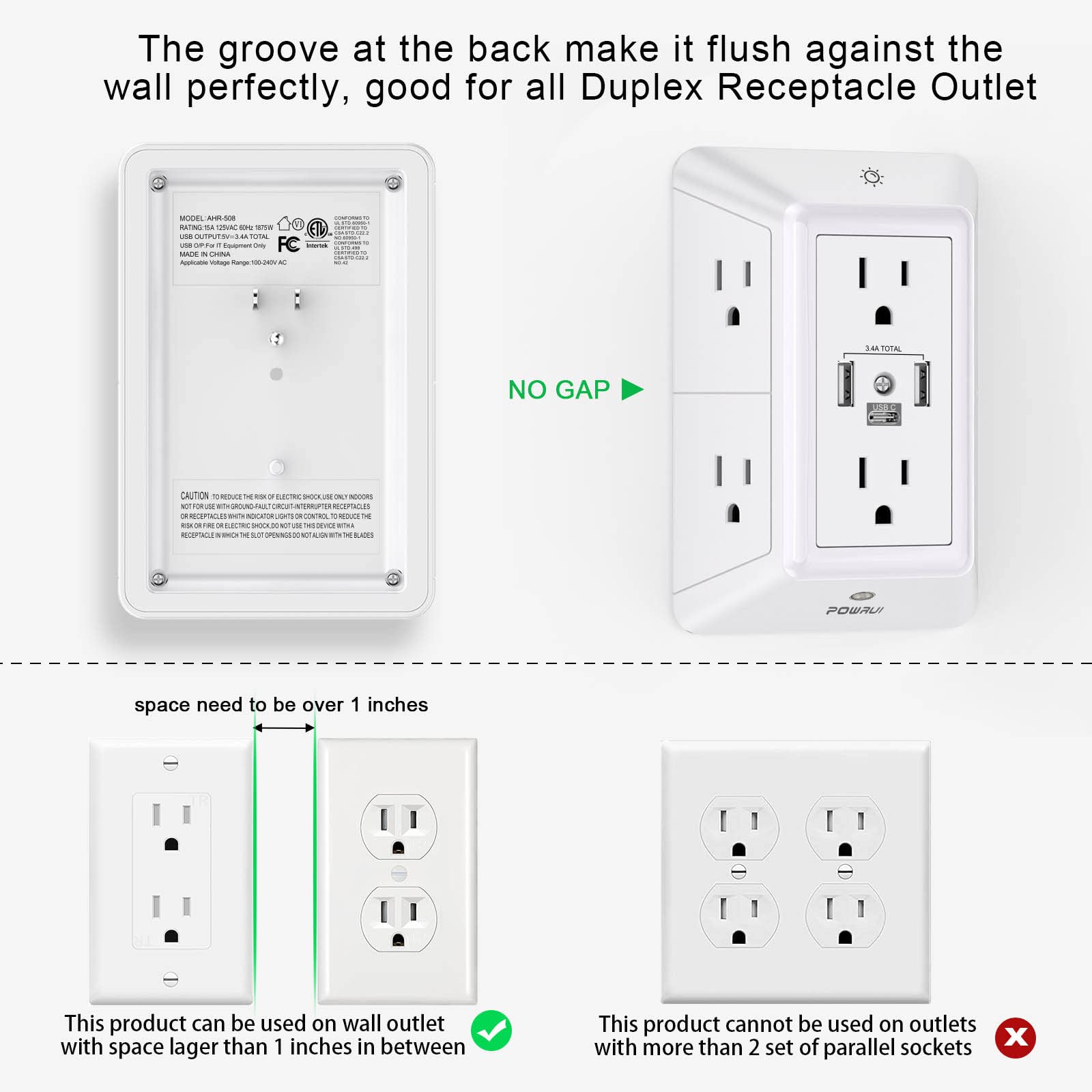 Multi Plug Outlet Surge Protector - POWRUI 6 Outlet Extender with 3 USB Ports (1 USB C) and Night Light, 3-Sided Power Strip with Adapter Spaced Outlets - White，ETL Listed