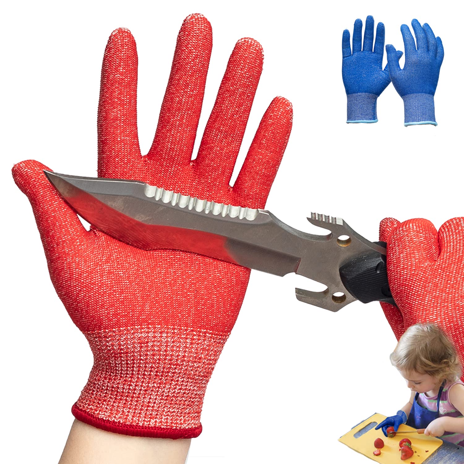 Schwer 2 Pairs ANSI A6 Kids Cut Resistant Gloves, Food Grade Work Gloves, S(9-14 Years), Cut Gloves for Kitchen, Mandoline, Gardening and DIY（Blue&Red）