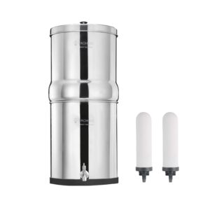 fachioo 2.25 gallon stainless steel gravity-fed water filter system with 2 white ceramics purification washable filter, portable countertop filter system for home and outdoor camping use