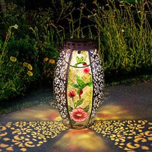 outdoor solar lantern-waterproof hummingbird hanging metal decorative lights for patio table garden pathway yard with super bright warm white led, large solar panels, auto on/off