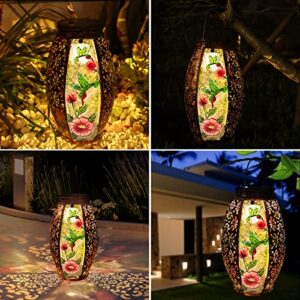 Outdoor Solar Lantern-Waterproof Hummingbird Hanging Metal Decorative Lights for Patio Table Garden Pathway Yard with Super Bright Warm White LED, Large Solar Panels, Auto On/Off