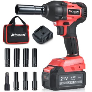 aoben 21v 1/2 cordless impact wrench, high torque brushless impact wrench set, max torque 450 ft-lbs (600n.m), 4.0ah li-ion battery, 7 pcs sockets 1 extension bar, fast charger and tool bag