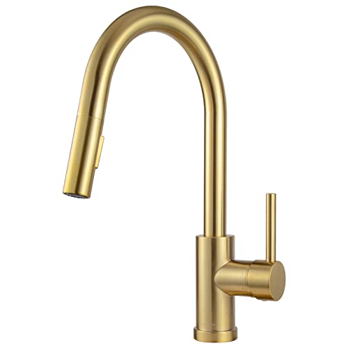 Brushed Gold Kitchen Faucet with Pull-Down Sprayer, Lava Odoro Brass Gold Single Hole Kitchen Sink Faucet Single Handle Faucet for Kitchen Sink with Supply Line Spot-Free, KF1120-SG