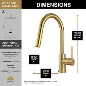 Brushed Gold Kitchen Faucet with Pull-Down Sprayer, Lava Odoro Brass Gold Single Hole Kitchen Sink Faucet Single Handle Faucet for Kitchen Sink with Supply Line Spot-Free, KF1120-SG