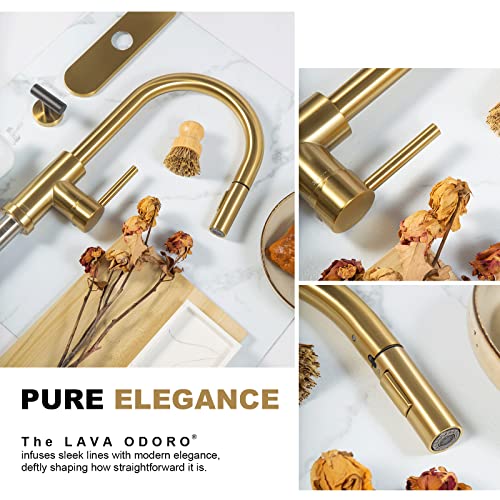 Brushed Gold Kitchen Faucet with Pull-Down Sprayer, Lava Odoro Brass Gold Single Hole Kitchen Sink Faucet Single Handle Faucet for Kitchen Sink with Supply Line Spot-Free, KF1120-SG