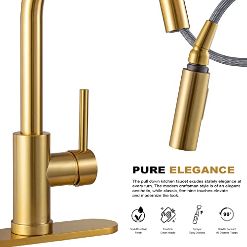 Brushed Gold Kitchen Faucet with Pull-Down Sprayer, Lava Odoro Brass Gold Single Hole Kitchen Sink Faucet Single Handle Faucet for Kitchen Sink with Supply Line Spot-Free, KF1120-SG