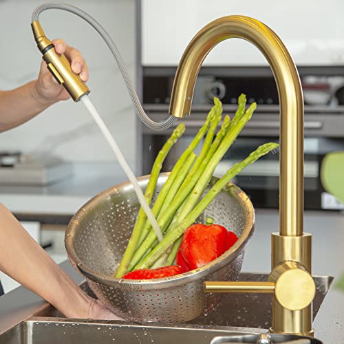 Brushed Gold Kitchen Faucet with Pull-Down Sprayer, Lava Odoro Brass Gold Single Hole Kitchen Sink Faucet Single Handle Faucet for Kitchen Sink with Supply Line Spot-Free, KF1120-SG