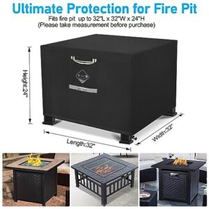 QH.HOME Fire Pit Cover Square 900D Strong Tear Resistant - 100% Waterproof Outdoor Fire Pit Cover with PU Coating, UPF 50+ Firepit Covers UV Resistant, Fading Resistant, 32" L x 32" W x 24" H, Black