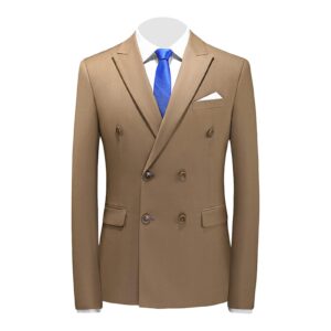 men's slim fit double breasted jacket slim fit business daily prom blazer peak lapel groom wedding party suit coat (khaki,medium)