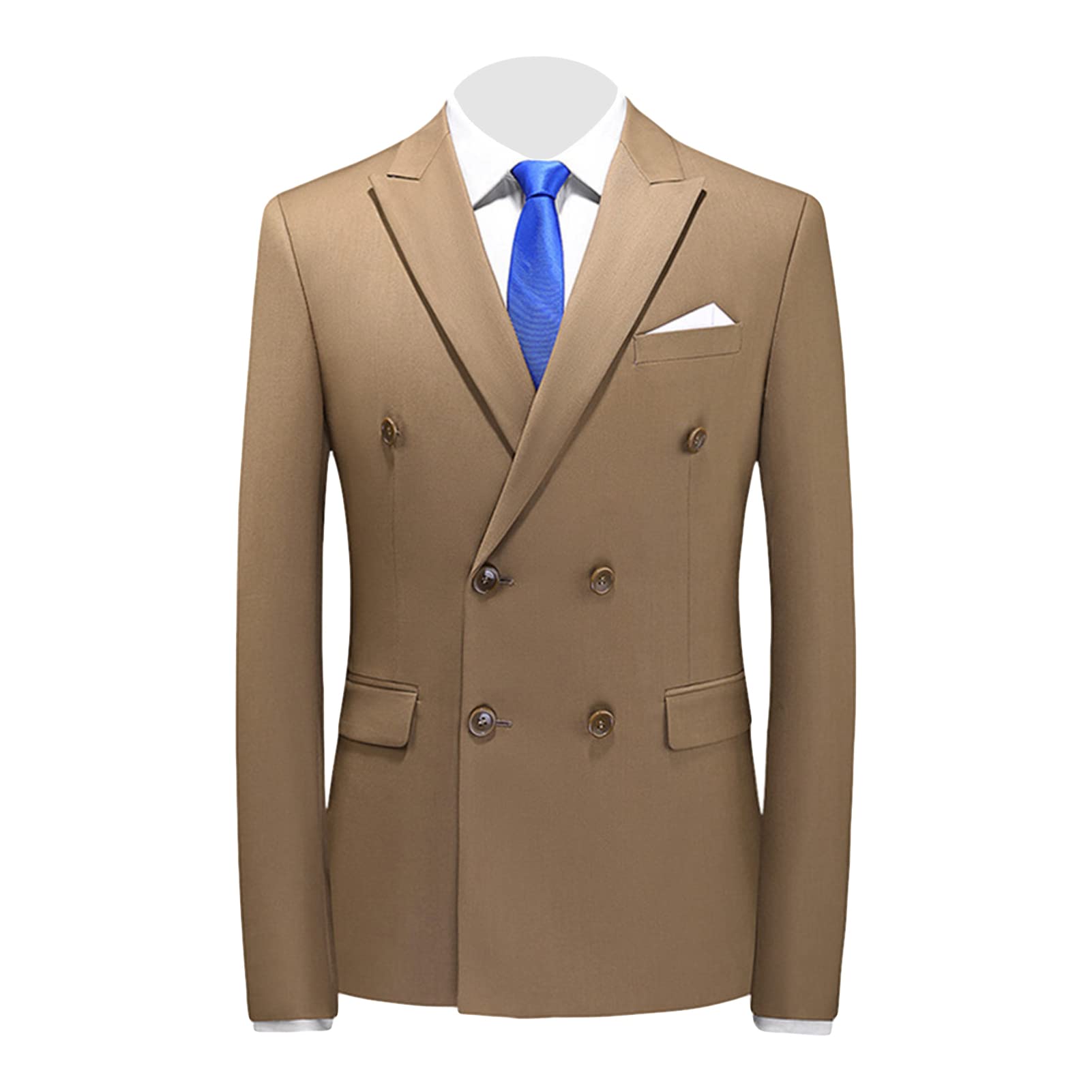 Men's Slim Fit Double Breasted Jacket Slim Fit Business Daily Prom Blazer Peak Lapel Groom Wedding Party Suit Coat (Khaki,Medium)