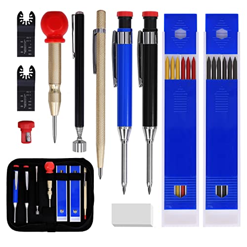 12pack Mechanical Carpenter Pencils Kit with Storage Bag,Center Punch, Carbide Scribe Tool,Magnetic Pick Up fot Construction,Woodworking