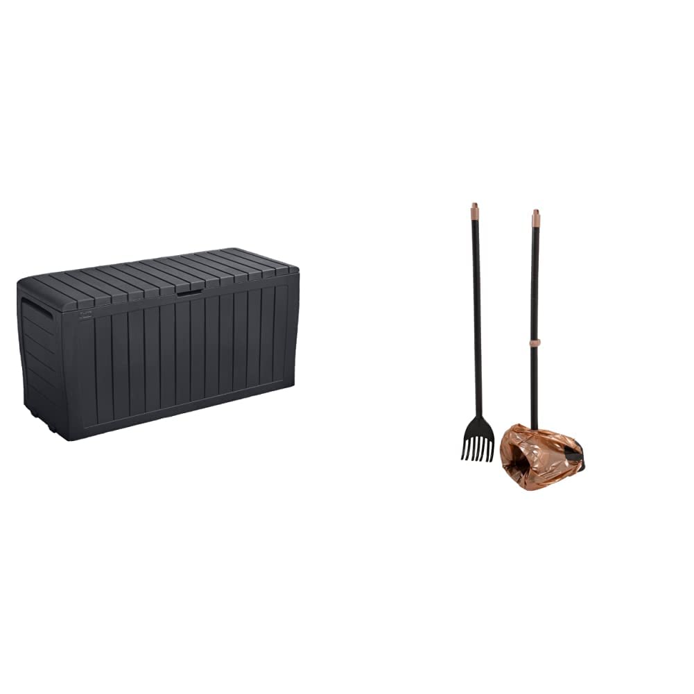 Keter Marvel Plus 71 Gallon Resin Deck Box and Arm & Hammer Pooper Scooper Swivel Bin & Rake Dog Poop Scooper, Black