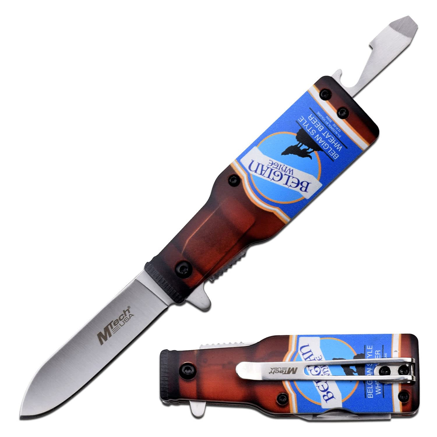 MTECH USA – Spring Assisted Folding Knife – Stands Upright – Belgian Beer Knife - Stainless Steel Blade w/ ABS Handle Shaped Like a Bottle, Bottle Opener, Screwdriver, Pocket Clip - EDC – MT-A1195B