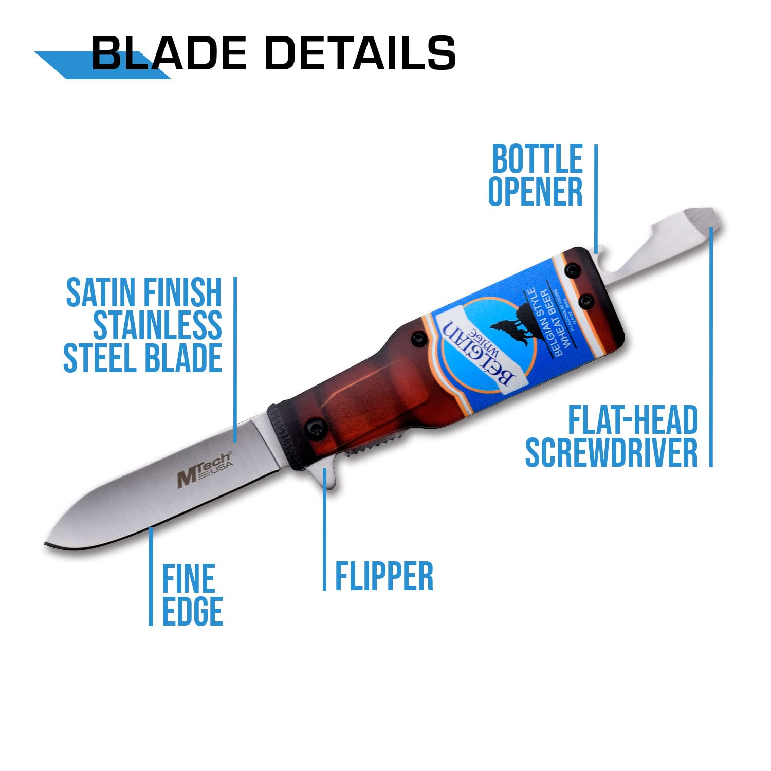 MTECH USA – Spring Assisted Folding Knife – Stands Upright – Belgian Beer Knife - Stainless Steel Blade w/ ABS Handle Shaped Like a Bottle, Bottle Opener, Screwdriver, Pocket Clip - EDC – MT-A1195B