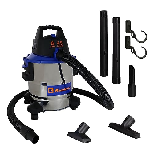 Koblenz WD 6 L212 SS Wet-Dry Vacuum, 6 Gallon 4.5 HP, 1 7/8 in x 6 Ft EVA Locking Hose, Stainless+Blue 5 Year Warranty