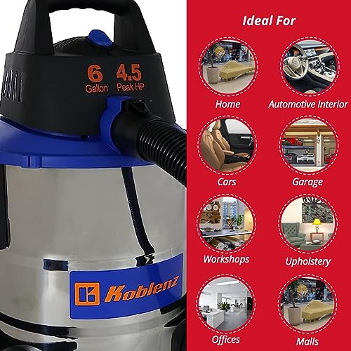 Koblenz WD 6 L212 SS Wet-Dry Vacuum, 6 Gallon 4.5 HP, 1 7/8 in x 6 Ft EVA Locking Hose, Stainless+Blue 5 Year Warranty