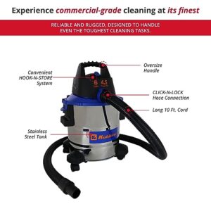 Koblenz WD 6 L212 SS Wet-Dry Vacuum, 6 Gallon 4.5 HP, 1 7/8 in x 6 Ft EVA Locking Hose, Stainless+Blue 5 Year Warranty