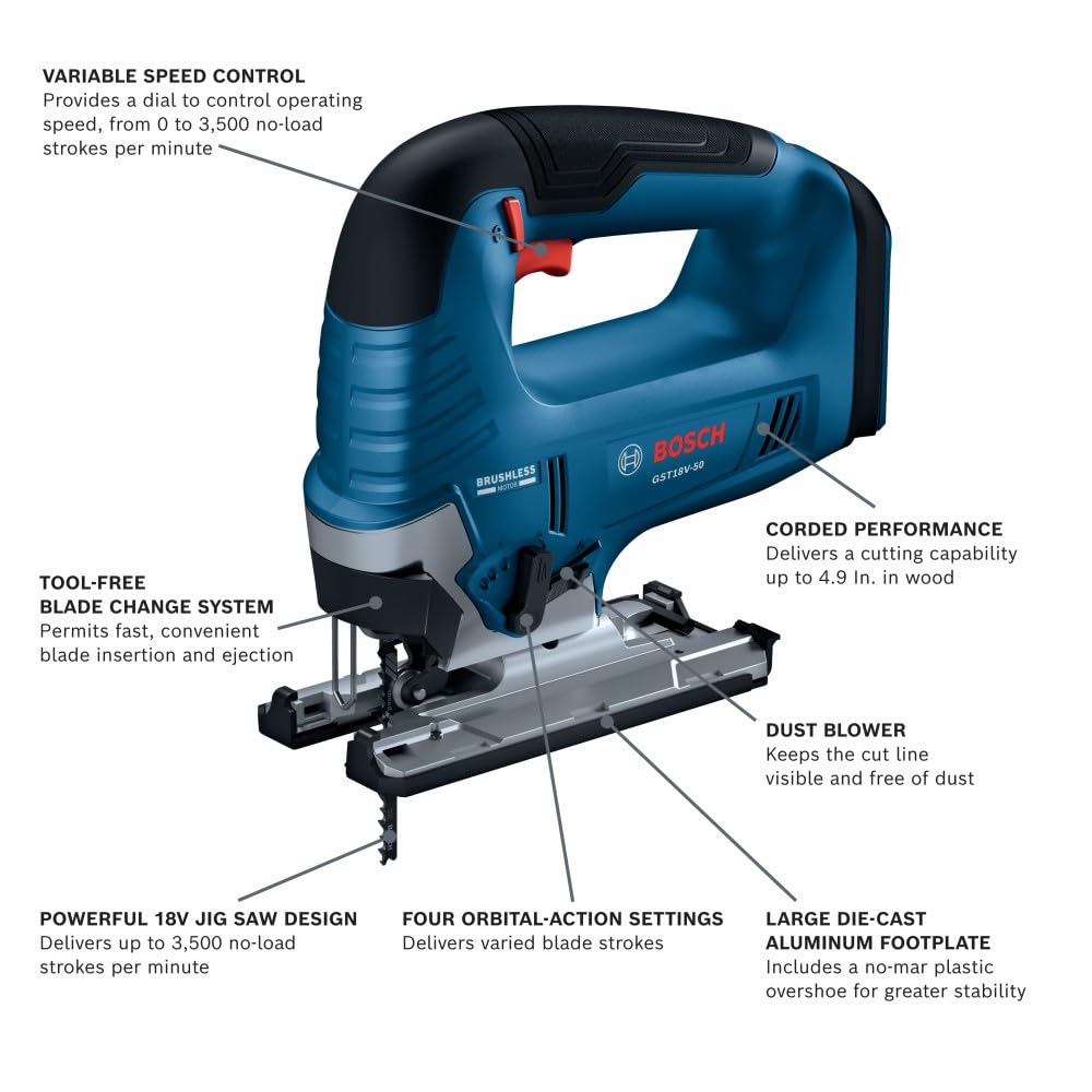 BOSCH GST18V-50N 18V Brushless Top-Handle Jig Saw (Bare Tool)