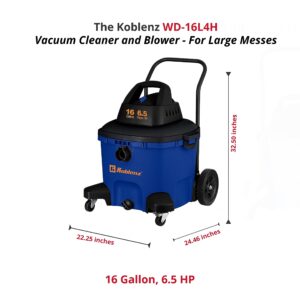 Koblenz WD-16L4H 6.5 HP Vacuum Cleaner and Blower with Rear Handle, 2-1/2"" in x 8' Hose, 16 Gallon Tank, Blue/Black