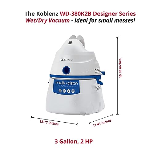 Koblenz WD-380K2B Portable Wet-Dry Vacuum, 3 Gallon 2.0HP w/Adjustable Floor Tool, Designer Series, White-5 Year Warranty