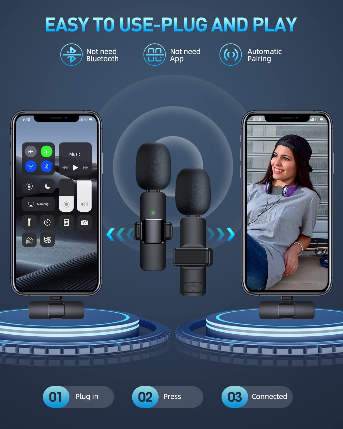 PQRQP Wireless Microphone for iPhone iPad, Mini Microphone, Wireless Lavalier Microphone, Wireless Microphones, Plug-Play Microphone for iPhone Video Recording, Live Stream, YouTube, TikTok