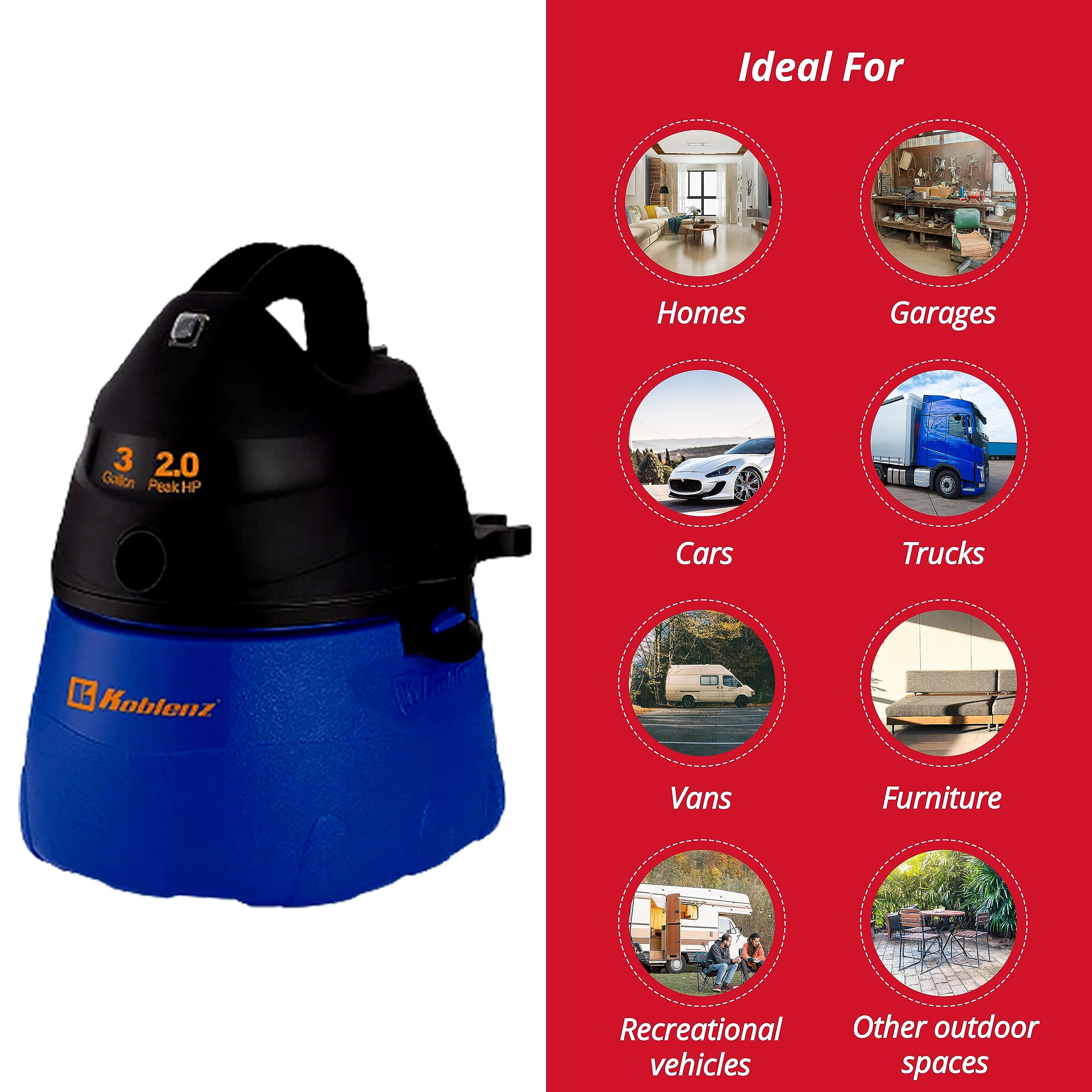 Koblenz WD-353L Portable Wet-Dry Vacuum, 3 Gallon 2.0 HP, 5 Year Warranty, Blue, Black