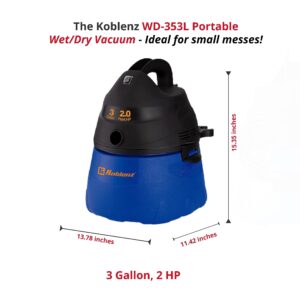 Koblenz WD-353L Portable Wet-Dry Vacuum, 3 Gallon 2.0 HP, 5 Year Warranty, Blue, Black