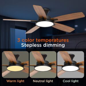 TALOYA 52 inch Ceiling Fans with Lights,Ultra Silent Multifunctional Ceiling Fan with Three Color Temperature and Dimmable Light with Reversible Blades Black