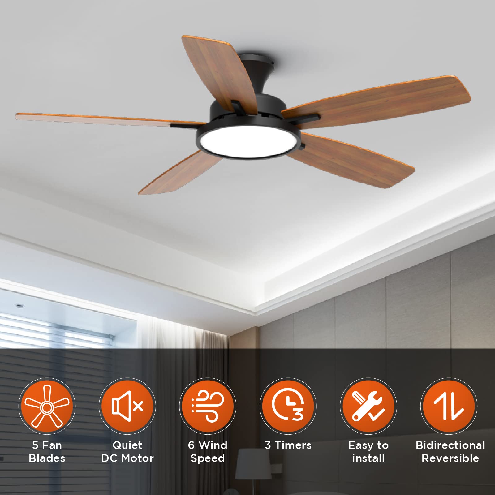 TALOYA 52 inch Ceiling Fans with Lights,Ultra Silent Multifunctional Ceiling Fan with Three Color Temperature and Dimmable Light with Reversible Blades Black