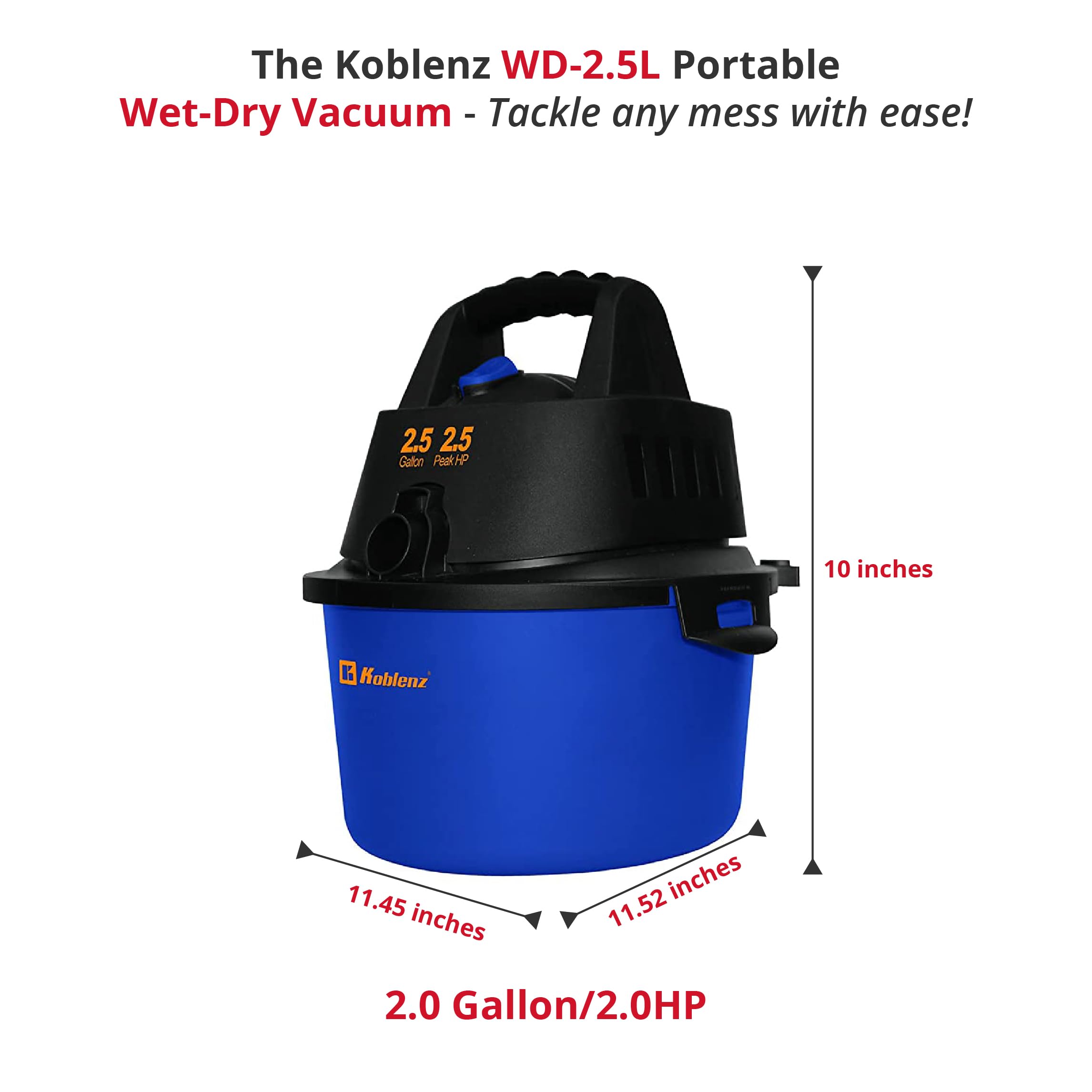 Koblenz WD-2.5 L Portable Wet/Dry, 2.5 Gallon 2.5HP Wall Mountable Vacuum, Blue+Black, 5 Year Warranty