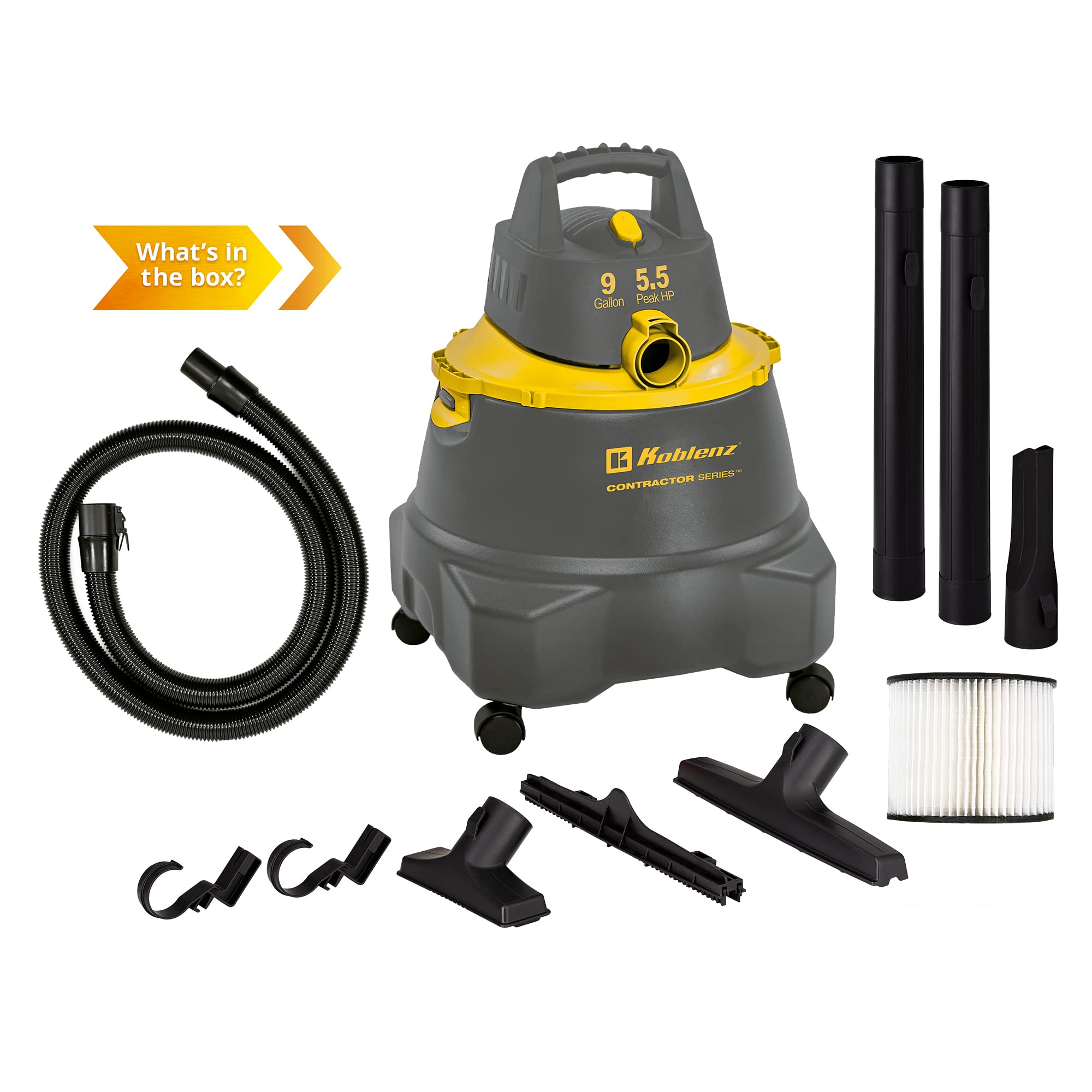 Koblenz Contractor Wet/Dry Vac, 9 Gallon 5.5HP Locking 1 7/8 in x 7 Ft EVA Hose, Gray+Yellow (WD-9 C212)