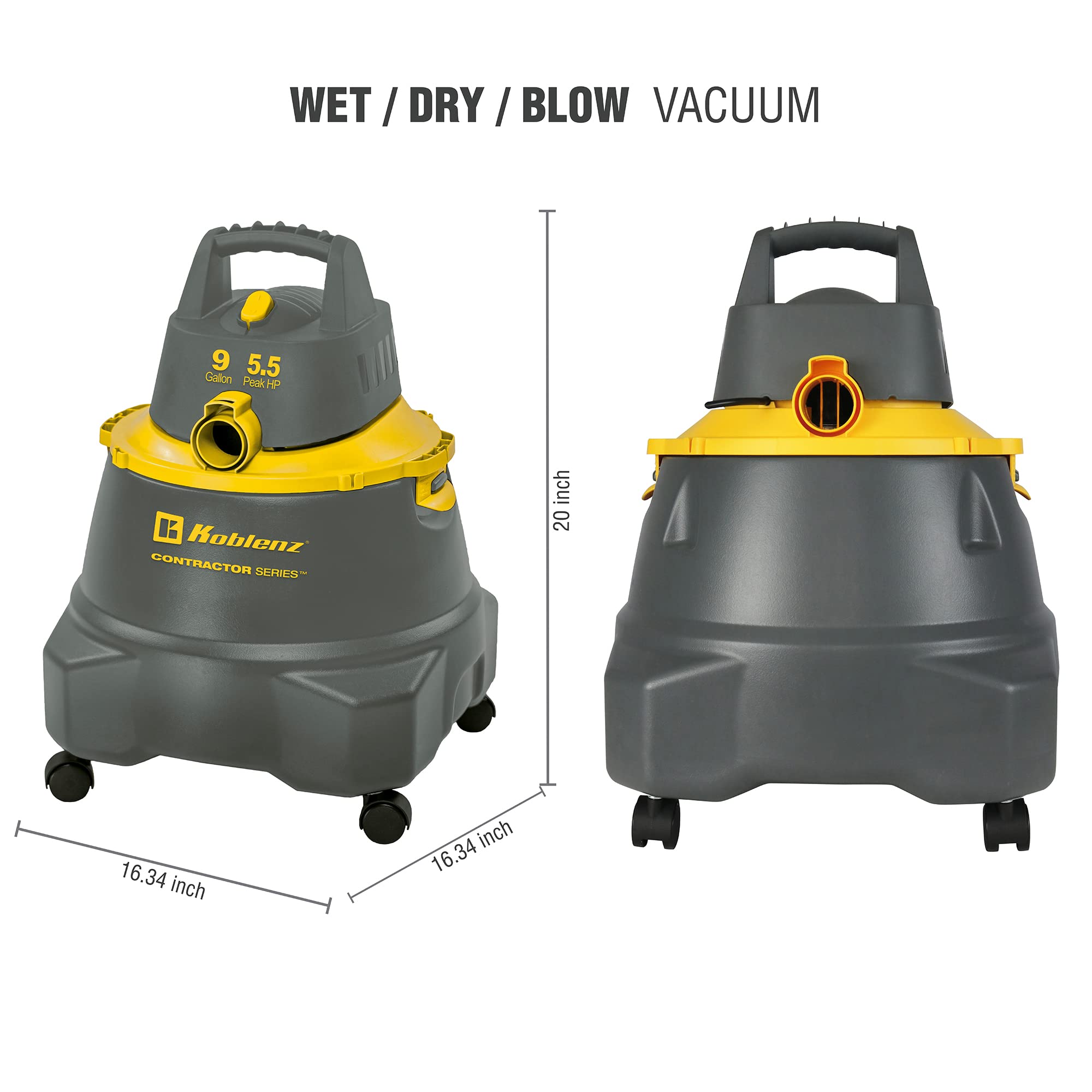 Koblenz Contractor Wet/Dry Vac, 9 Gallon 5.5HP Locking 1 7/8 in x 7 Ft EVA Hose, Gray+Yellow (WD-9 C212)