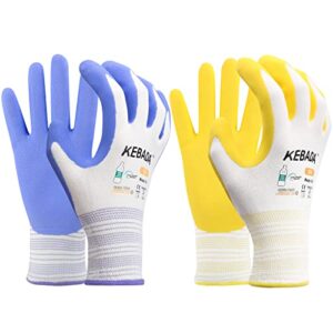 kebada gardening gloves for women, 2 pairs latex coated yard gloves, micro-foam textured coating on palm & fingers, breathable womens work gloves, high visibility, medium, lilac & yellow