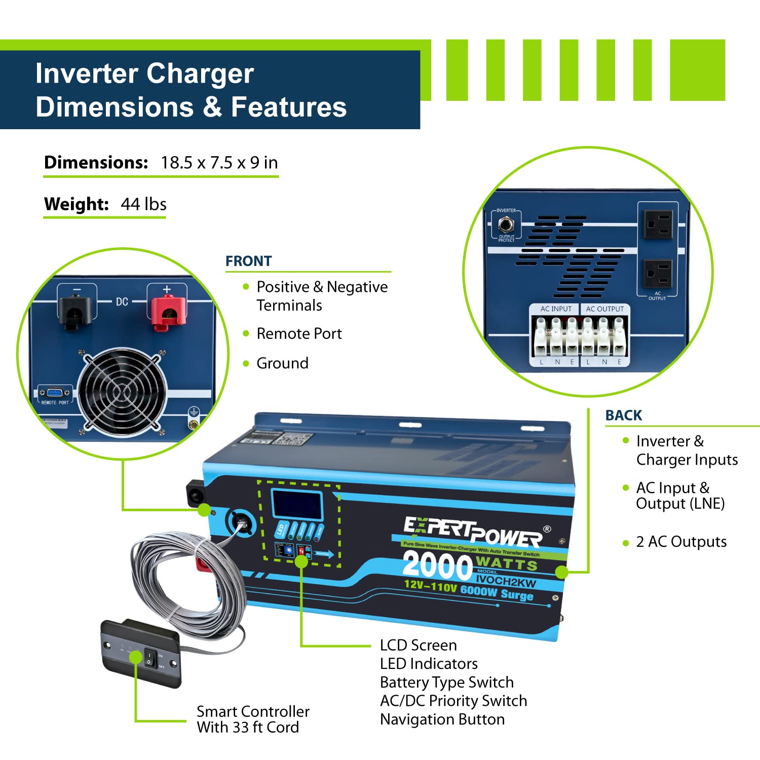 ExpertPower 2.5KWH 12V Solar Panel Kit | LiFePO4 12V 200Ah, 400W Solar Panels, 30A MPPT Solar Controller, 30A DC-DC Charger, 2KW Pure Sine Wave Inverter Charger | RV, Trailer, Camper, Marine, Off Grid